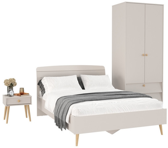 Афина Спальня Кровать 1400 + Шкаф 2-х дверный + Тумба, цвет кашемир серый, 144,6х210,2х95,7 + 90,3х56,3х220 + 45х37х45 см., 1400х2000, б/м, осн. есть