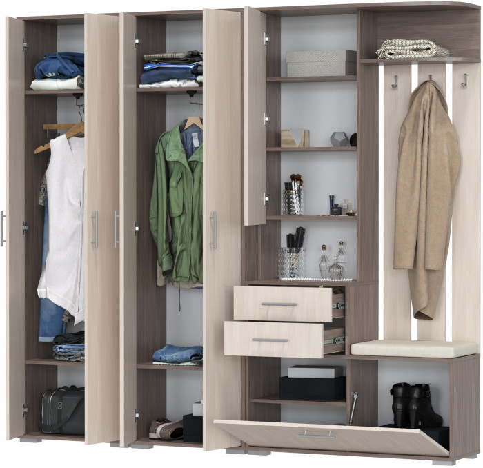 Прихожая Домино 4, цвет бодега тёмный/бодега светлый, ШхГхВ 220х36х202 см., универсальная сборка
