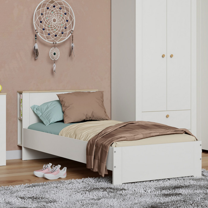 Джастин 11.54 Кровать, цвет белый шагрень/дуб белый эксклюзив, ШхГхВ 94,2х208,1х75,3 см, 900х1900, б/м, осн. есть, матрас до 150 мм, макс. нагр. 80 кг