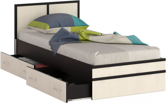 Сакура Кровать с ящиками 0900, цвет венге/дуб лоредо, ШхГхВ 93,5х203,5х80 см., сп.м. 900х2000 мм., без матраса, основание есть, универсальная сборка