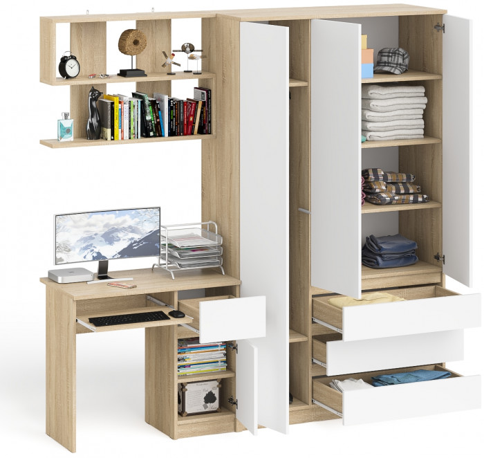 Мори компьютерный стол МС-1 правый + Шкаф МШ1200.1 + Полка 900, дуб сонома/белый