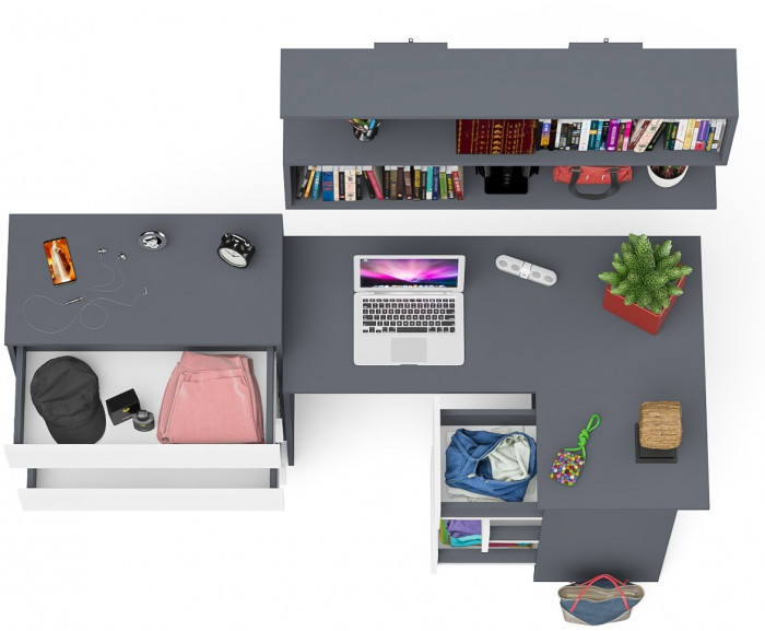 Мори компьютерный стол МС-16 правый + Комод МК800.4 + Полка 1200, графит/белый