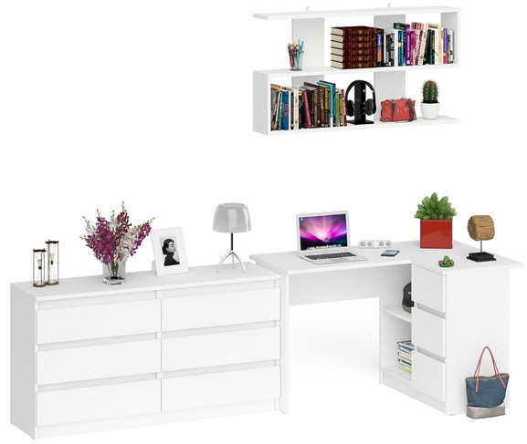 Мори компьютерный стол МС-16 правый + Комод МК1380.6 + Полка 1200, белый