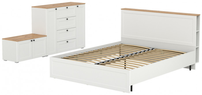 Остин 11.53 Кровать + ортопед + 16.221 Комод + 13.257 Тумба, белый шагрень/дуб крафт золотой