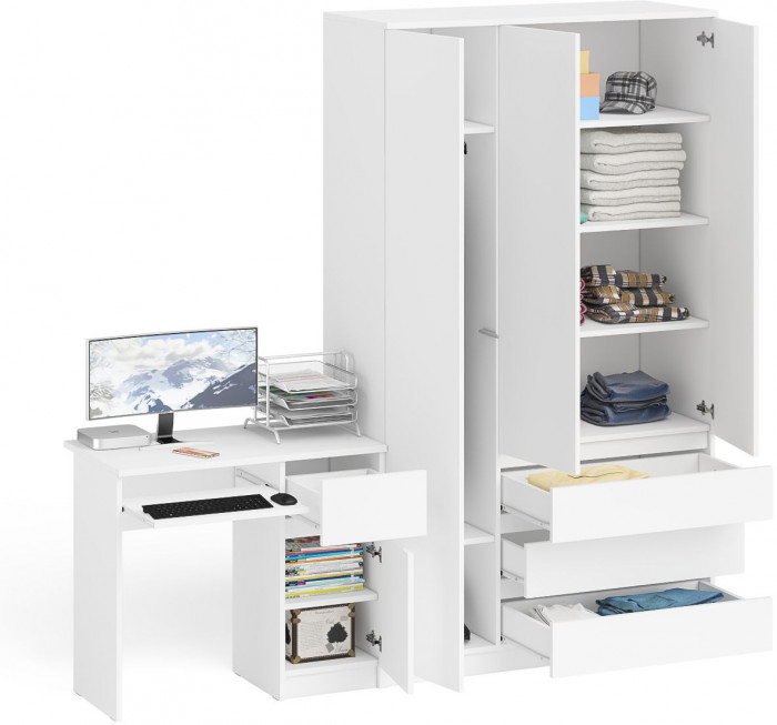 Мори компьютерный стол МС-1 правый + Шкаф МШ1200.1, белый