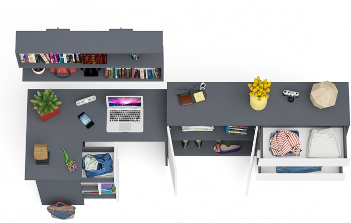 Мори компьютерный стол МС-16 левый + Комод МК1600.1 + Полка 1200, графит/белый