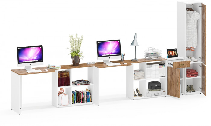 Лидер-8 Стол + Стол + Пенал МД 21Б + Тумба МД 3.15, белый шагрень/крафт золото