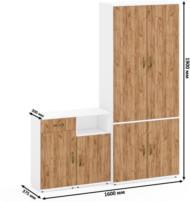 Лидер-8 Шкаф МД 20Б + Тумба МД 3.15 + Тумба МД 3.19, белый шагрень/крафт золото