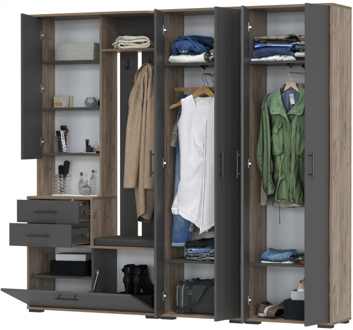 Прихожая Домино 4, цвет дуб крафт табачный/графит, ШхГхВ 220х36х202 см., универсальная сборка