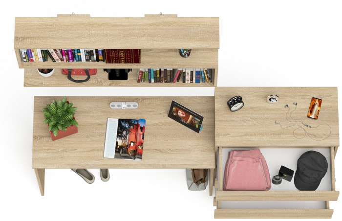 Мори письменный стол МСП1200.1 + Комод МК800.4 + Полка 1200, дуб сонома