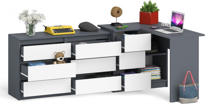 Мори компьютерный стол МС-16 левый + Комод МК1200.6, графит/белый