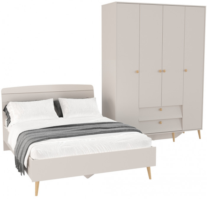 Афина Спальня Кровать 1400 + Шкаф 4-х дверный, цвет кашемир серый, ШхГхВ 144,6х210,2х95,7 + 160х56,3х220 см., сп.м. 1400х2000 мм., б/м, осн. есть