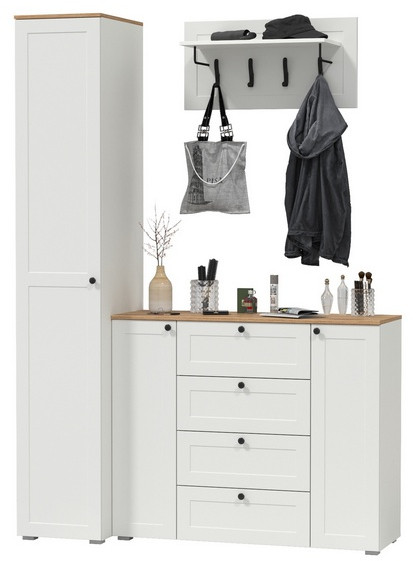 Остин Прихожая 21, цвет белый шагрень/дуб крафт золотой, ШхГхВ 160х54,3х229,6 см., универсальная сборка