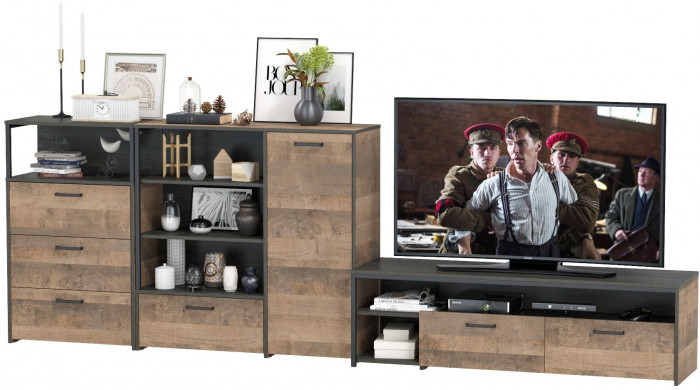 Трувор Гостиная 011, цвет дуб гранж песочный/интра, ШхГхВ 324,8х45,4х106,9 см., универсальная сборка