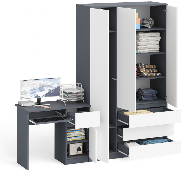 Мори компьютерный стол МС-1 правый + Шкаф МШ1200.1, графит/белый