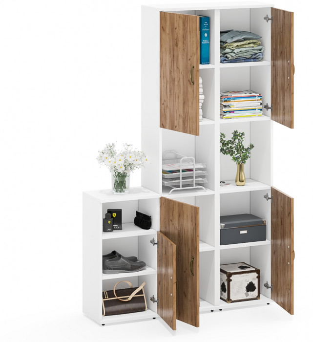 Лидер-8 Пенал + Пенал + Тумба МД 3.19, цвет белый шагрень/крафт золото, ШхГхВ 120х30х190 см., универсальная сборка