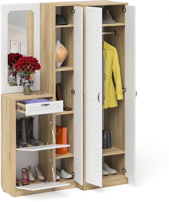 Прихожая П-6 Компоновка № 29, дуб сонома/фасады МДФ белое дерево фрезеровка ромб