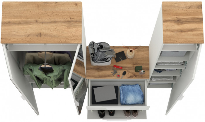 Октава Прихожая 21, цвет белый шагрень/дуб крафт золотой/фасады МДФ белый шагрень, ШхГхВ 161,5х35,4х197,6 см., универсальная сборка