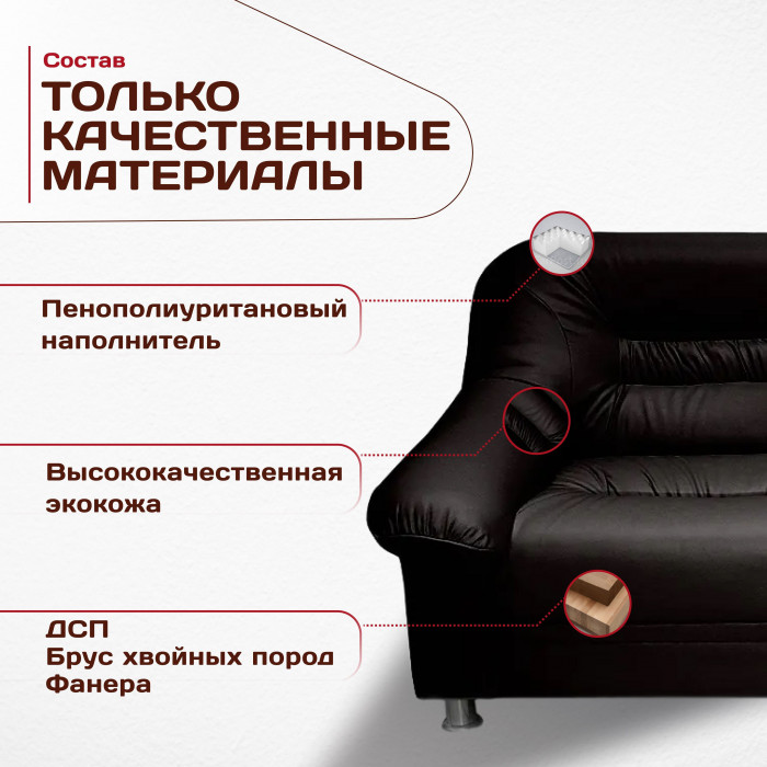 Диван кожаный черный, прямой 2-х местный, для дома, офиса, гостиной, кабинета Карелия