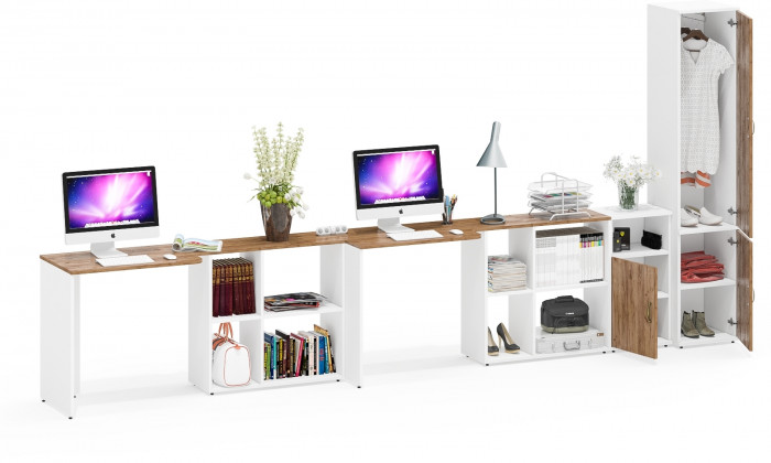 Лидер-8 Стол + Стол + Пенал МД 21Б + Тумба МД 3.19, белый шагрень/крафт золото