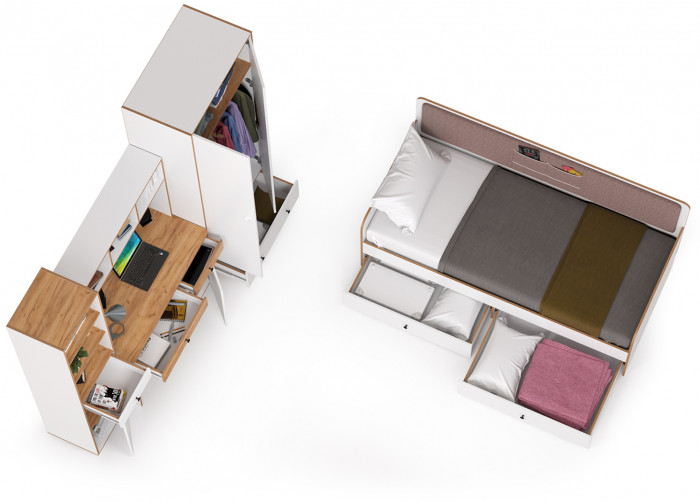 Вуди Компоновка № 36, цвет белый премиум/дуб крафт золотой/саванна латте, сп. м. 900х2000 мм., б/м, основание есть, матрас высотой до 200 мм.