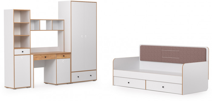 Вуди Компоновка № 36, цвет белый премиум/дуб крафт золотой/саванна латте, сп. м. 900х2000 мм., б/м, основание есть, матрас высотой до 200 мм.