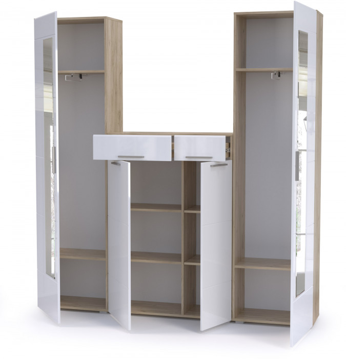 Лайн Прихожая № 15, цвет дуб крафт серый/фасады МДФ белый глянец, ШхГхВ 200х35х210 см., универсальная сборка