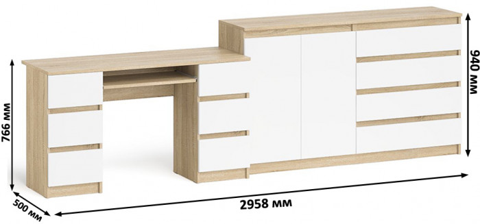 Мори компьютерный стол МС-2 + Комод МК1600.1, дуб сонома/белый