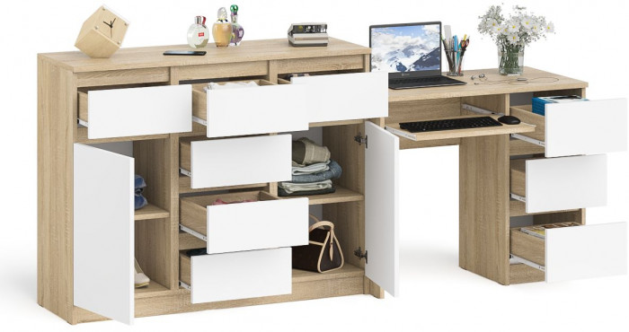 Мори компьютерный стол МС-6 правый + Комод МК1200.4, дуб сонома/белый