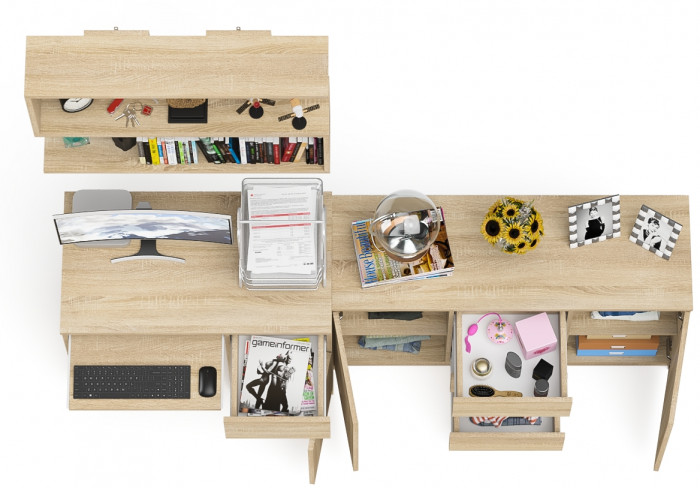 Мори Стол компьютерный МС-1 правый + Комод МК1200.3 + Полка 900, цвет дуб сонома, ШхГхВ 210,4х50х209,6 см., НЕ универсальная сборка