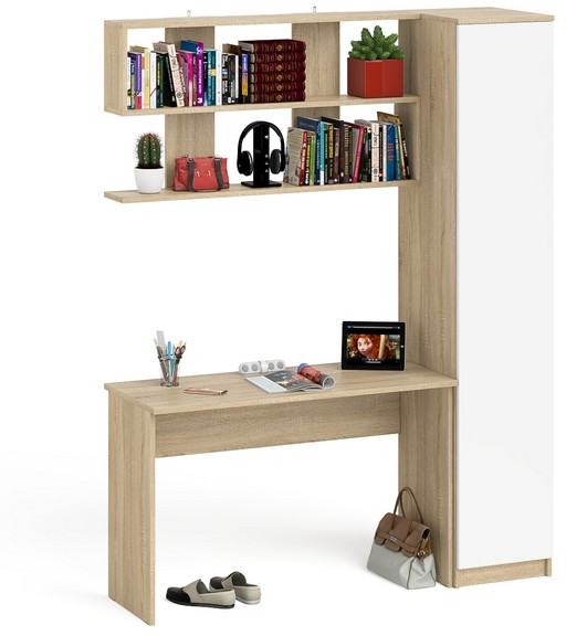 Мори Стол письменный МСП1200.1 + Пенал МШ400.1 + Полка 1200, цвет дуб сонома/белый, ШхГхВ 160,8х50,4х209,6 см., универсальная сборка