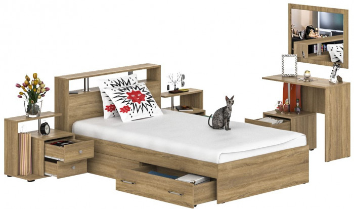 Камелия спальня № 13 Кровать с ящиками 1200 + Две тумбы + Стол косметич. + Зеркало, дуб сонома