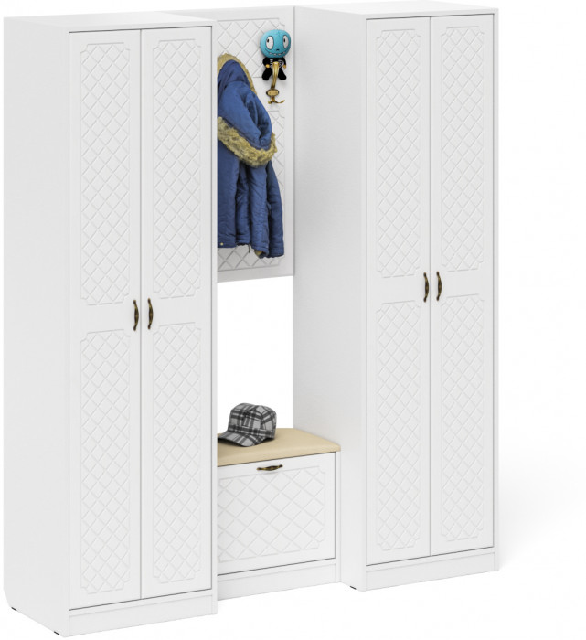 Прихожая П-6 Компоновка № 09, белая шагрень/фасады МДФ белое дерево фрезеровка ромб