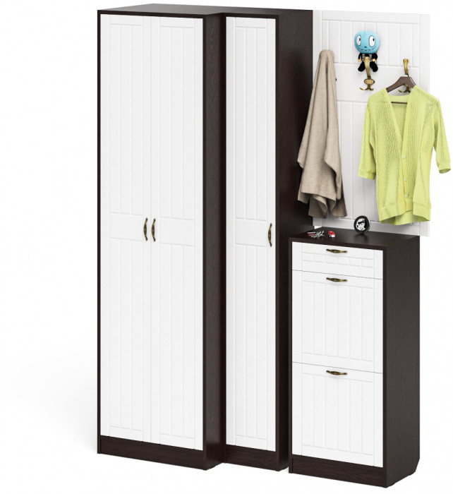 Прихожая П-6 Компоновка № 30, цвет венге/фасады МДФ белое дерево фрезеровка прованс, ШхГхВ 150х50х210 см., универсальная сборка