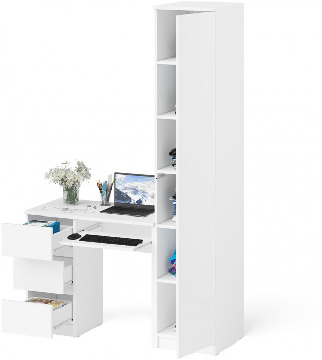 Мори компьютерный стол МС-6 левый + Пенал МШ400.1, белый
