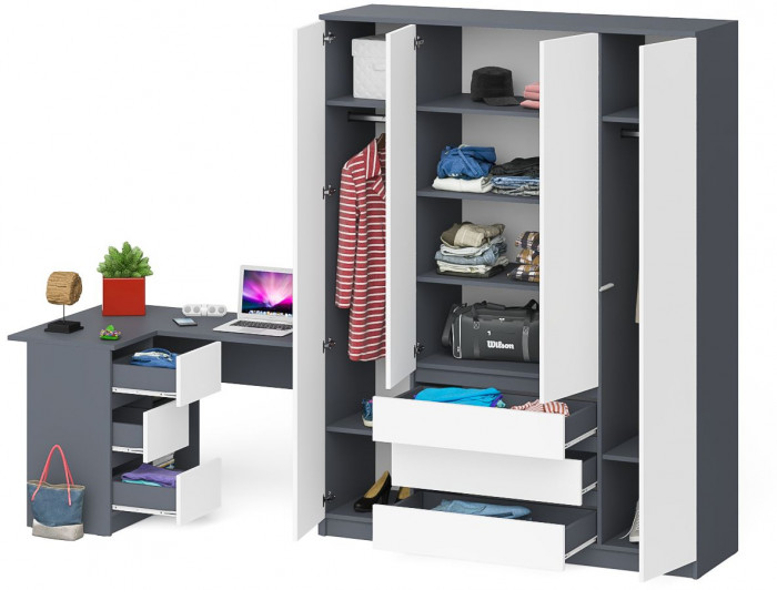 Мори Стол компьютерный МС-16 левый + Шкаф МШ1600.1, цвет графит/белый, ШхГхВ 284,8х84,9х209,6 см., выдвижные ящики слева, НЕ универсальная сборка