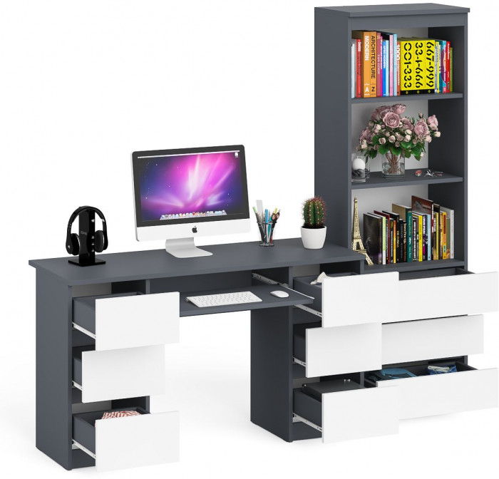 Мори Стол компьютерный МС-2 + Стеллаж МСТ600.3, цвет графит/белый, ШхГхВ 195,8х50х179,6 см., универсальная сборка