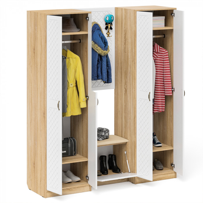 Прихожая П-6 Компоновка № 09, дуб сонома/фасады МДФ белое дерево фрезеровка ромб