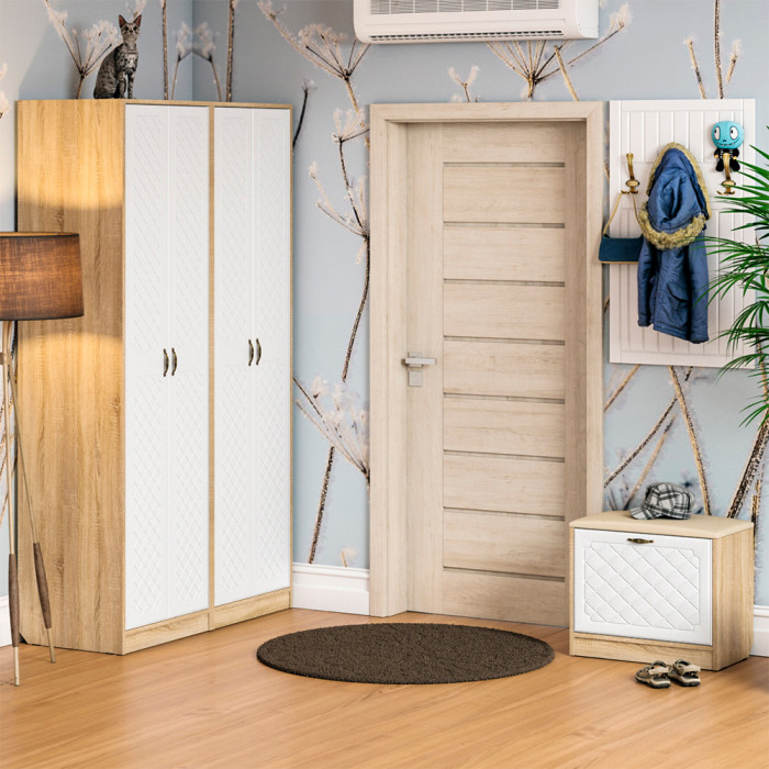 Прихожая П-6 Компоновка № 09, дуб сонома/фасады МДФ белое дерево фрезеровка ромб