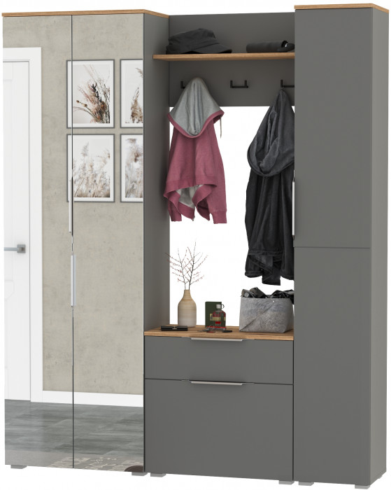Октава Прихожая 22, цвет серый графит/дуб крафт золотой/фасады МДФ серый графит, ШхГхВ 161,5х35,4х197,6 см., универсальная сборка