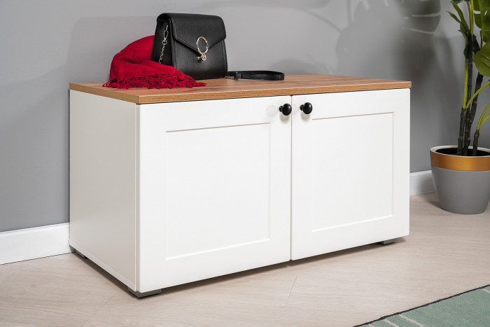 Остин 16.121 Тумба для обуви + 13.257 Тумба, цвет белый шагрень/дуб крафт золотой, ШхГхВ 160х41,9х99,3 см., универсальная сборка