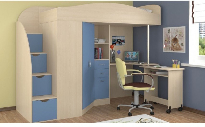 Детская кровать-чердак Теремок-1 Гранд, Дуб молочный / Голубой