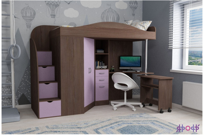 Кровать-чердак Юниор 4 (Ясень Анкор Темный/Ирис)