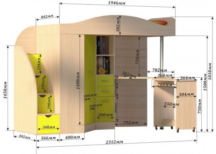 Кровать-чердак Юниор 4 (Ясень Анкор Темный/Ирис)