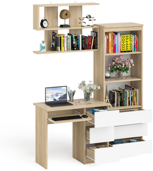 Мори Стол компьютерный МС-6 правый + Стеллаж МСТ600.3 + Полка 900, цвет дуб сонома/белый, ШхГхВ 150,4х50х209,6 см., НЕ универс. сборка