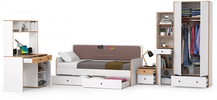 Вуди Компоновка № 39, цвет белый премиум/дуб крафт золотой/саванна латте, сп. м. 900х2000 мм., б/м, основание есть, матрас высотой до 200 мм.