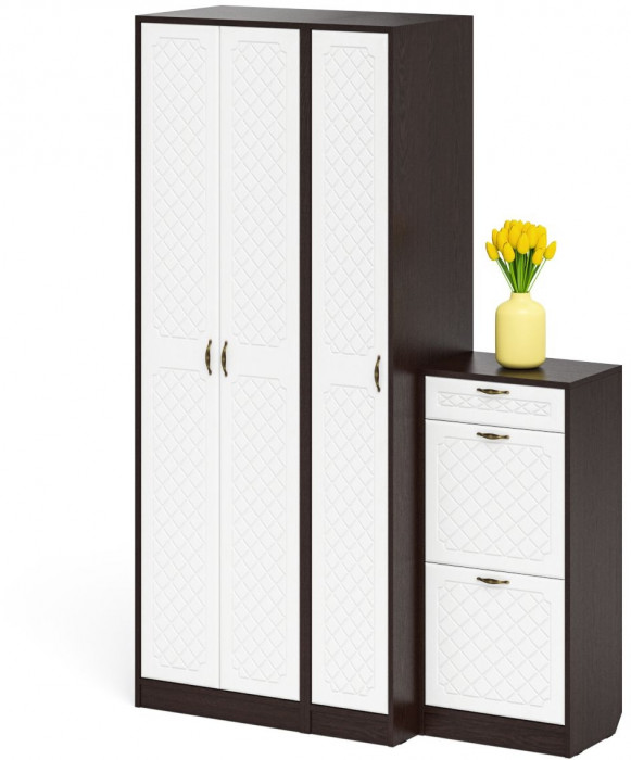 Прихожая П-6 Компоновка № 48, цвет венге/фасады МДФ белое дерево фрезеровка ромб, ШхГхВ 140х50х210 см., универсальная сборка