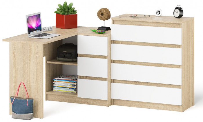 Мори компьютерный стол МС-16 правый + Комод МК800.4, дуб сонома/белый