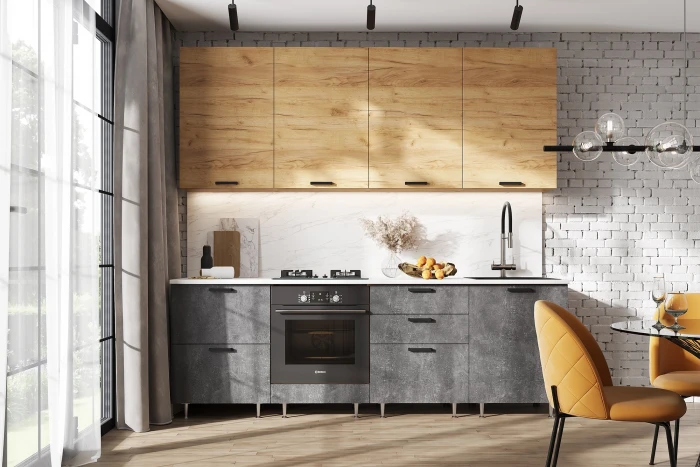 ЛДСП Кухня Рио NEW 2,4м (490) Компановка №2, Дуб Крафт/Бетон темный, Дуб крафт (Антарес)