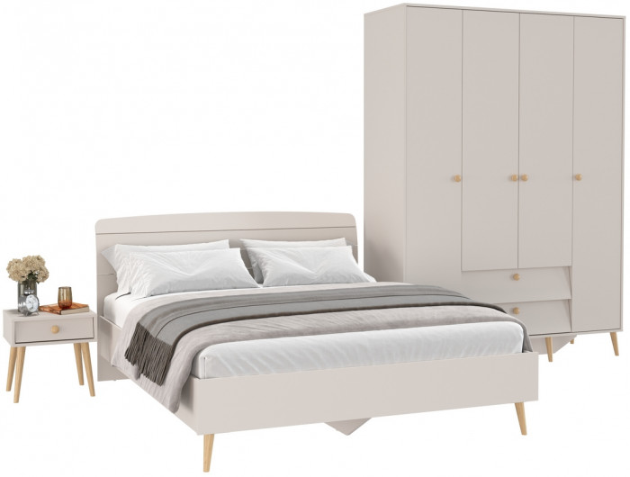 Афина Спальня Кровать 1600 + Шкаф 4-х дверный + Тумба, цвет кашемир серый, 164,6х210,2х95,6 + 160х56,3х220 + 45х37х45 см., 1600х2000, б/м, осн. есть